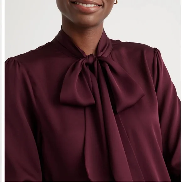 Quince Washable Stretch Silk Tie Neck Blouse in Wine Tasting size S - Picture 2 of 8